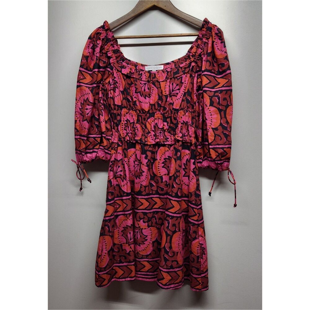 House Of Harlow 1960 Mini Dress Women M Red Pink Floral Puffy Sleeve Modern Boho
